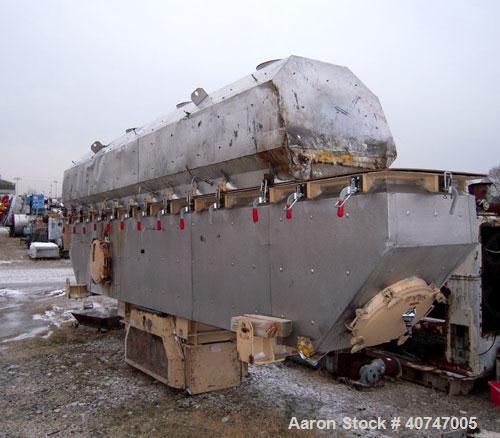 Used Carrier Vibrating Equipment Vibratory Continuous Fluid Bed Dryer/Cooler, model QAD/C3-2460S, 304 stainless steel. Approximate 23" wide x 222" long bottom screen.  Stroke 3/16". Top end inlet, en...