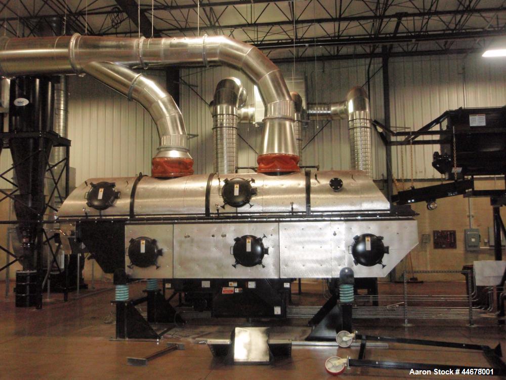 Used Carrier Vibrating Fluid Bed Dryer.  Approximately 3'6" wide x 20' long.  304 Stainless steel bed.  7.5 Hp vibratory motor.  3 Zone design.  Dual zone heating and single end zone cooling.  Zone 1...