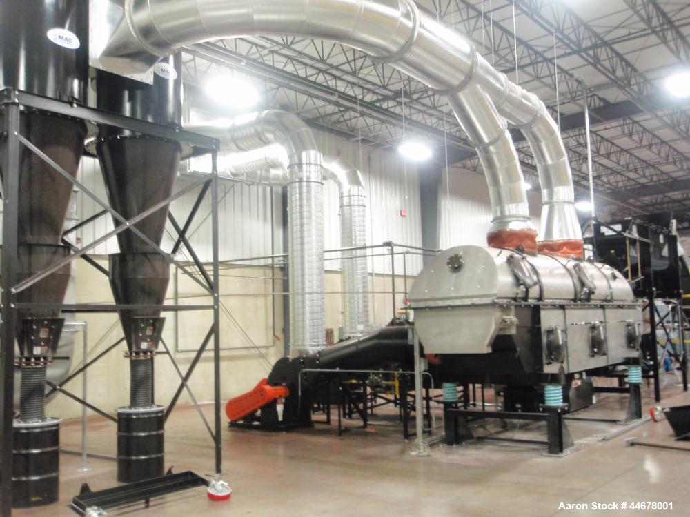 Used Carrier Vibrating Fluid Bed Dryer.  Approximately 3'6" wide x 20' long.  304 Stainless steel bed.  7.5 Hp vibratory motor.  3 Zone design.  Dual zone heating and single end zone cooling.  Zone 1...