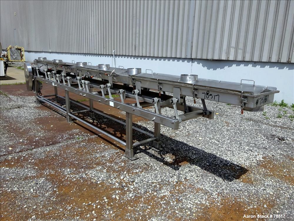 Used Frank Hamachek Machine Company Vibratory Fluid Bed Dryer, Stainless Steel. 16" wide x 259" long 3 zone bed, (6) 8" top inlets, (1) 8" side bottom outlet, 40" discharge height, 3 hinged covers. D...