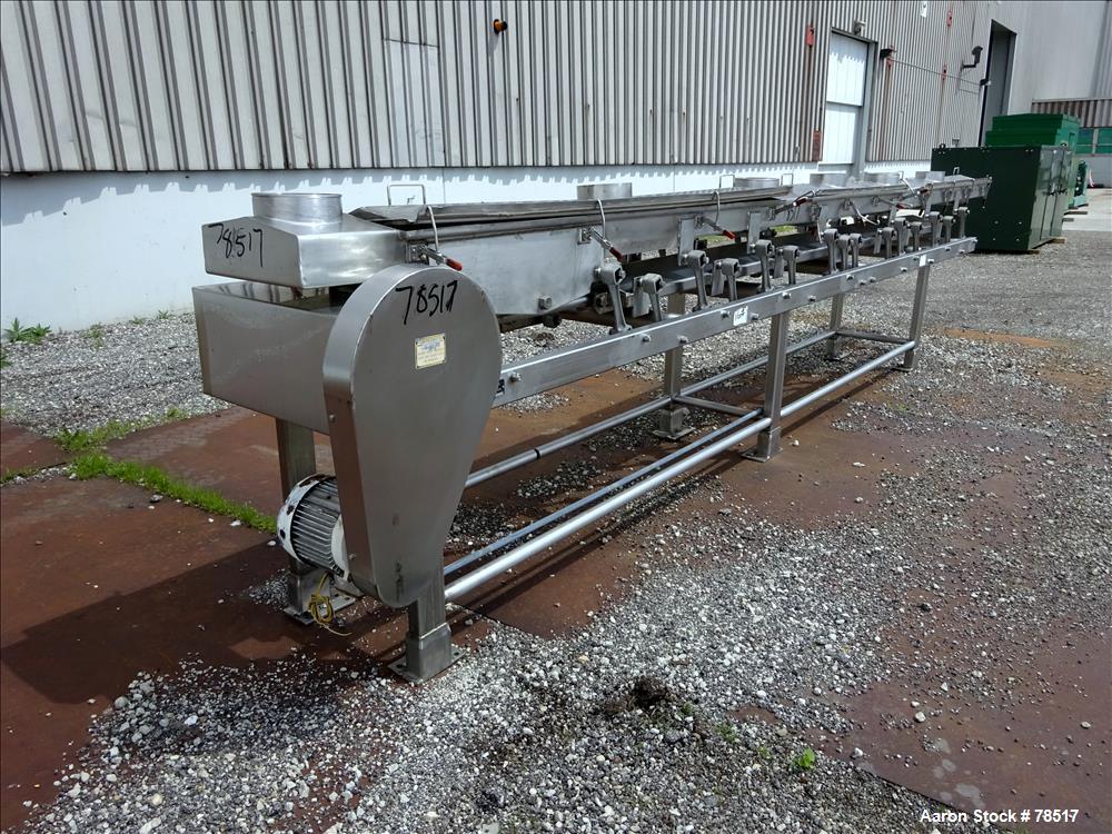 Used Frank Hamachek Machine Company Vibratory Fluid Bed Dryer, Stainless Steel. 16" wide x 259" long 3 zone bed, (6) 8" top inlets, (1) 8" side bottom outlet, 40" discharge height, 3 hinged covers. D...