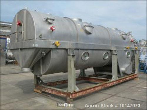 Used GEA Niro VF-F-EX Continuous Fluid Bed Dryer, 304 stainless steel. Component and surface size 134.6 square feet (12.5 m2), bed sizes 62.2" x 330.7" (1580 x 8400 mm), product inlet diameter 49.2" ...