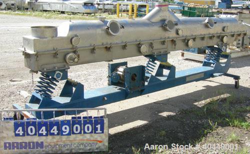 Used Kinergy continuous fluid bed dryer, model KDFBC-12-SD. 304 stainless steel. 12" wide x 171" long perforated pan, bolt on top cover with (3) 6" sight glass, 3/4 hp, 3/60/480 volt, 570 rpm motor. ...