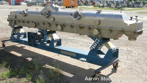Used Kinergy continuous fluid bed dryer, model KDFBC-12-SD. 304 stainless steel. 12" wide x 171" long perforated pan, bolt on top cover with (3) 6" sight glass, 3/4 hp, 3/60/480 volt, 570 rpm motor. ...