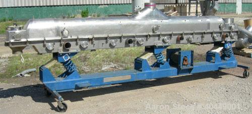 Used Kinergy continuous fluid bed dryer, model KDFBC-12-SD. 304 stainless steel. 12" wide x 171" long perforated pan, bolt on top cover with (3) 6" sight glass, 3/4 hp, 3/60/480 volt, 570 rpm motor. ...