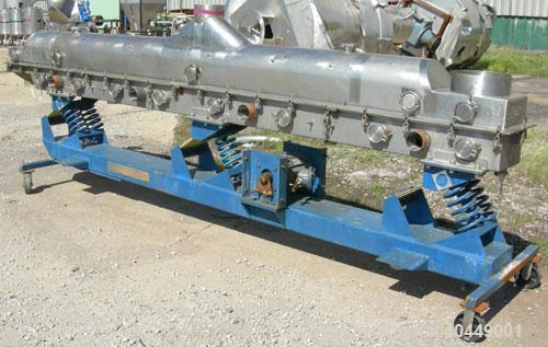 Used Kinergy continuous fluid bed dryer, model KDFBC-12-SD. 304 stainless steel. 12" wide x 171" long perforated pan, bolt on top cover with (3) 6" sight glass, 3/4 hp, 3/60/480 volt, 570 rpm motor. ...