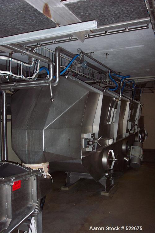 USED: Vibra vibrating fluid bed dryer, type VF71/12. Material of construction is stainless steel. 46.8" wide x 277" straight side (1200mm x 7100mm). 87.9 square feet (8.52 square meter) in 3 sections...