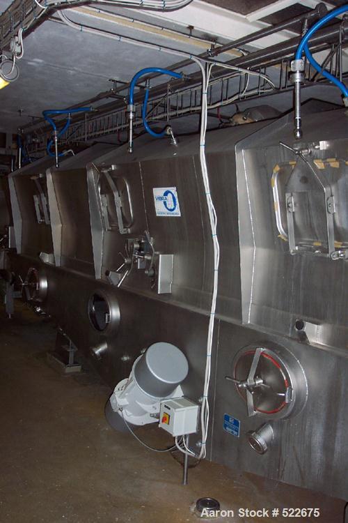 USED: Vibra vibrating fluid bed dryer, type VF71/12. Material of construction is stainless steel. 46.8" wide x 277" straight side (1200mm x 7100mm). 87.9 square feet (8.52 square meter) in 3 sections...
