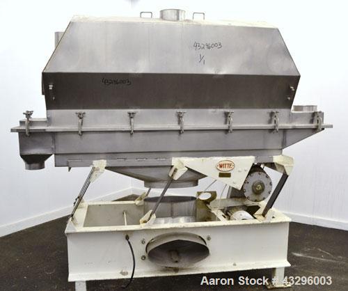 Used Witte Vibrating Fluid Bed Dryer/Cooler, 301 Stainless Steel. Approximate 11-1/2 wide x 72" long wide wedge wire screen section. (1) Clamp on top cover, (1) Witte size C-4 vibratory motor. Driven...