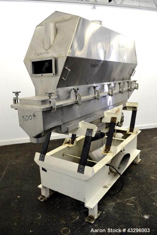 Used Witte Vibrating Fluid Bed Dryer/Cooler, 301 Stainless Steel. Approximate 11-1/2 wide x 72" long wide wedge wire screen section. (1) Clamp on top cover, (1) Witte size C-4 vibratory motor. Driven...