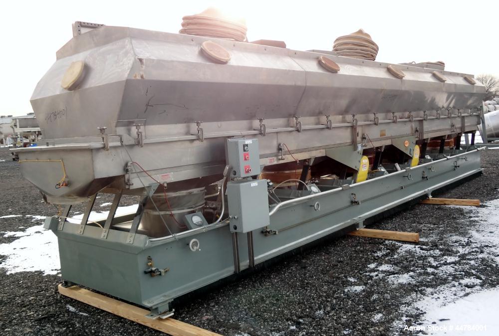 Used Witte Vibrating Fluid Bed Dryer System, 304 Stainless Steel.  (5) Zone, gas heated, rated 8,000,000 btu/hr. Approximately 48” wide x 30’ long wide wedge wire screen.  Driven by a 7.5 hp, 3/60/23...