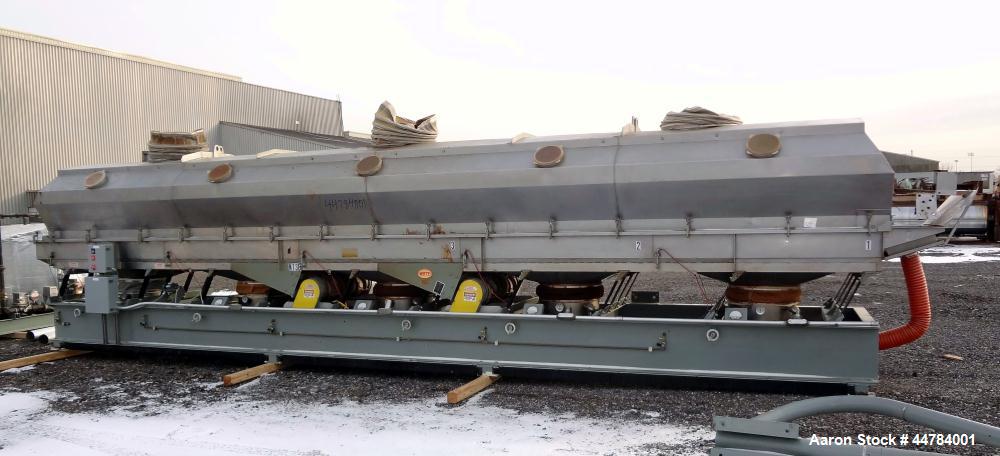 Used Witte Vibrating Fluid Bed Dryer System, 304 Stainless Steel.  (5) Zone, gas heated, rated 8,000,000 btu/hr. Approximately 48” wide x 30’ long wide wedge wire screen.  Driven by a 7.5 hp, 3/60/23...