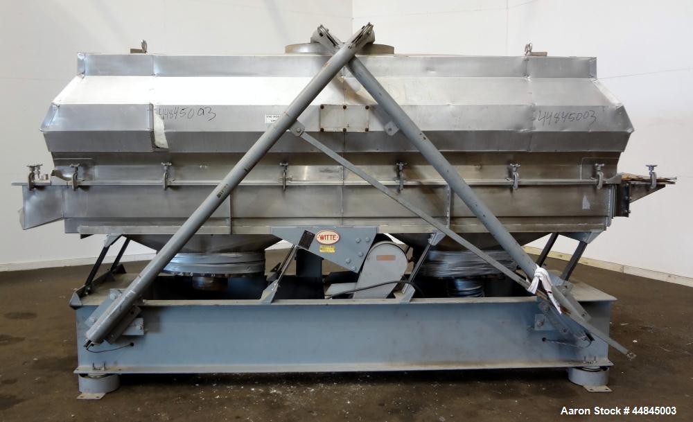 Used Witte Vibrating Fluid Bed Dryer, 304 Stainless Steel, 144" long x 24" wide bed with slotted screen. Clamp on top cover with (1) 30" x 16" oval top air outlet, (2) 9" bottom air inlets. Design ra...
