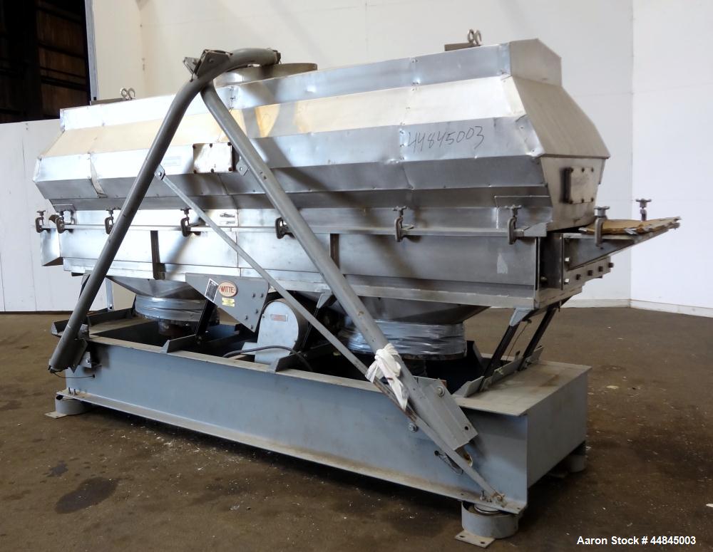 Used Witte Vibrating Fluid Bed Dryer, 304 Stainless Steel, 144" long x 24" wide bed with slotted screen. Clamp on top cover with (1) 30" x 16" oval top air outlet, (2) 9" bottom air inlets. Design ra...