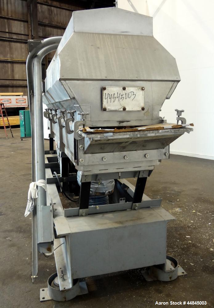 Used Witte Vibrating Fluid Bed Dryer, 304 Stainless Steel, 144" long x 24" wide bed with slotted screen. Clamp on top cover with (1) 30" x 16" oval top air outlet, (2) 9" bottom air inlets. Design ra...