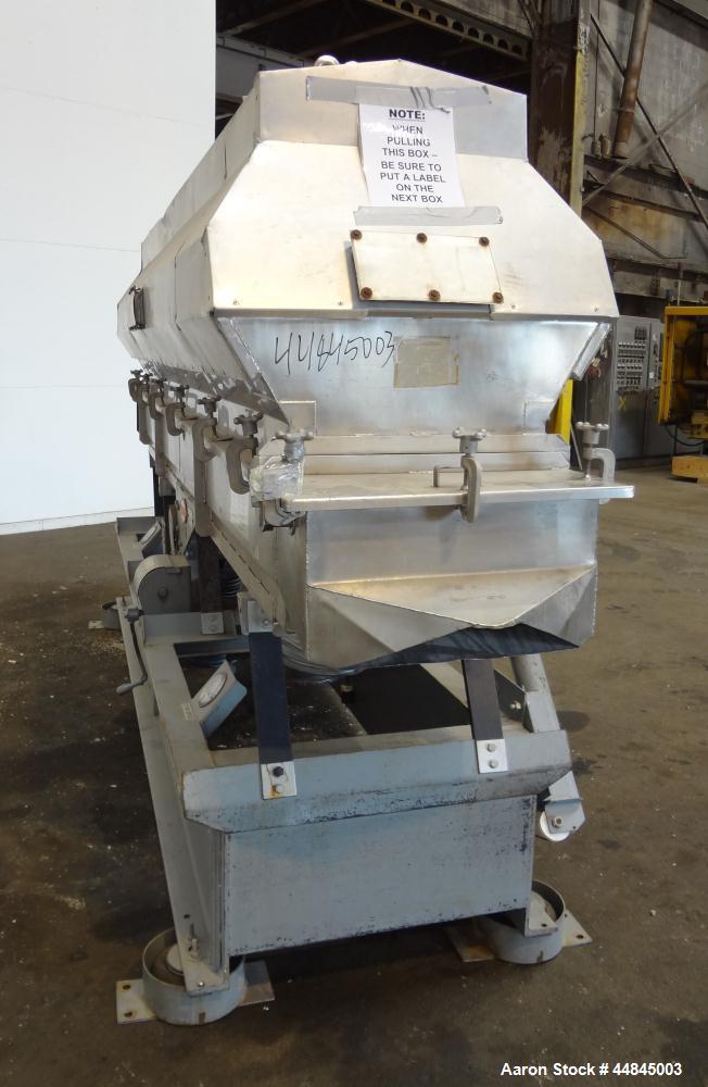 Used Witte Vibrating Fluid Bed Dryer, 304 Stainless Steel, 144" long x 24" wide bed with slotted screen. Clamp on top cover with (1) 30" x 16" oval top air outlet, (2) 9" bottom air inlets. Design ra...