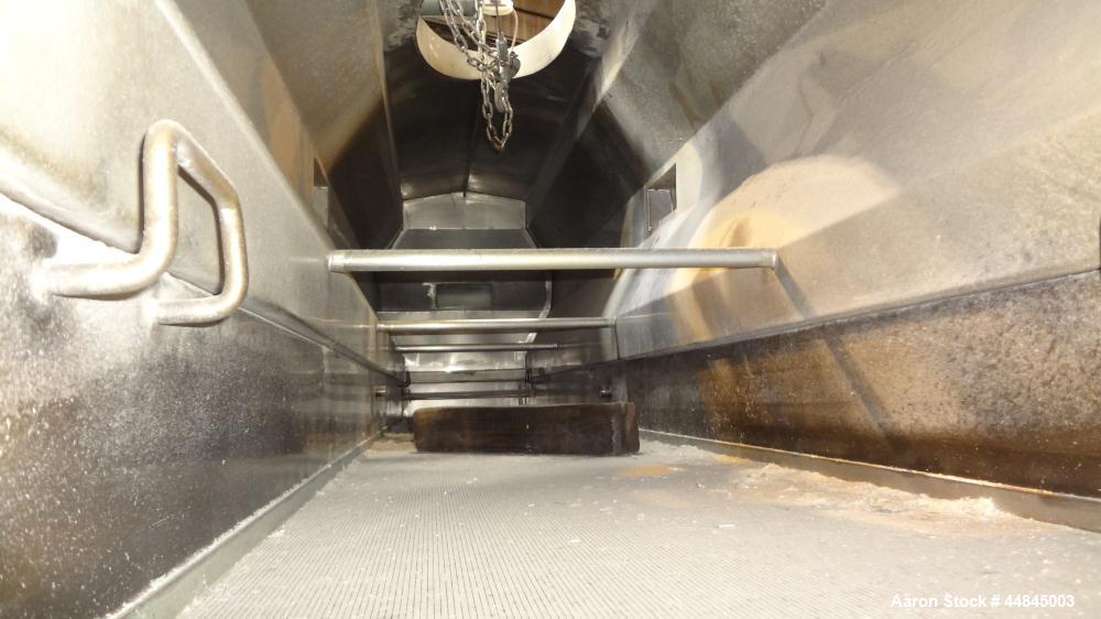 Used Witte Vibrating Fluid Bed Dryer, 304 Stainless Steel, 144" long x 24" wide bed with slotted screen. Clamp on top cover with (1) 30" x 16" oval top air outlet, (2) 9" bottom air inlets. Design ra...