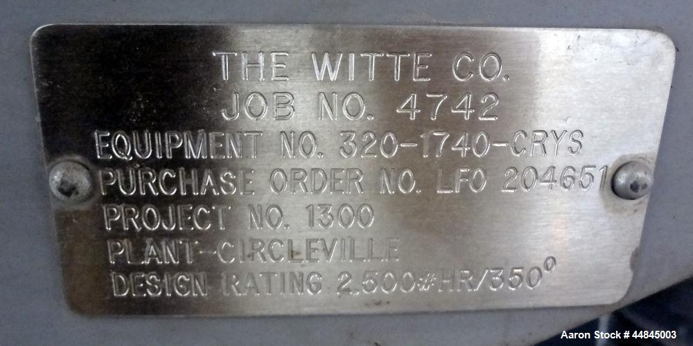 Used Witte Vibrating Fluid Bed Dryer, 304 Stainless Steel, 144" long x 24" wide bed with slotted screen. Clamp on top cover with (1) 30" x 16" oval top air outlet, (2) 9" bottom air inlets. Design ra...