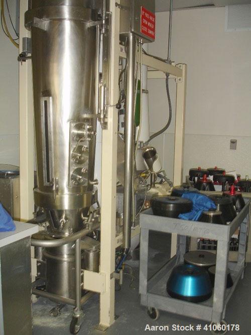 Used Glatt Fluid Bed Dryer/Coater, Model GPCG5. Stainless steel construction with spray granulation and drying inserts, 2 bar shock rating, 5.5 kw blower, 460 volt, steam heated with control panel, s...