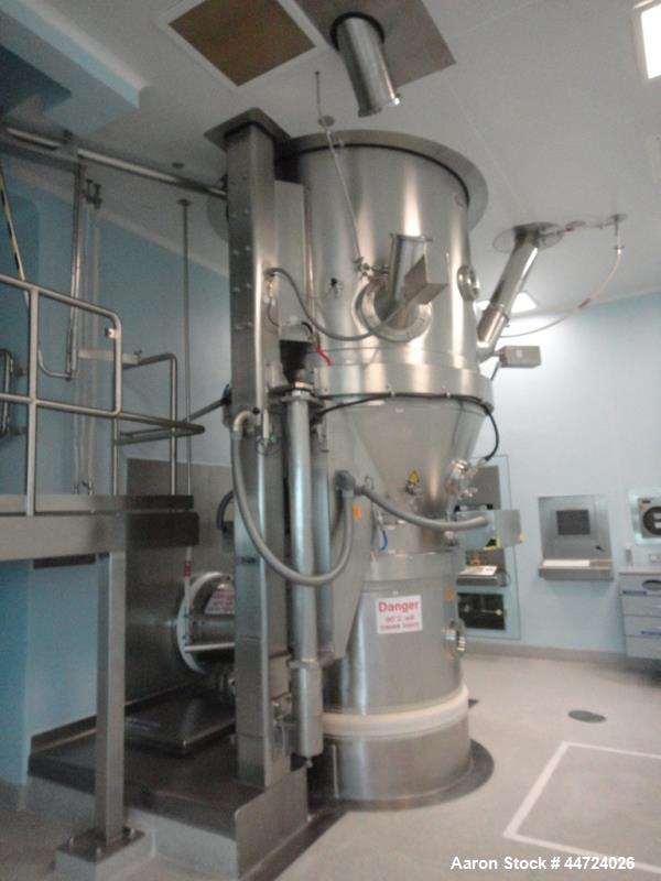 Used Glatt model WST500 stainless steel fluid bed dryer. Approximate total volume 12.5cumt, approximate container volume 1,560 litre. Maximum pressure at 10 bar design. Unit includes top mounted dust...