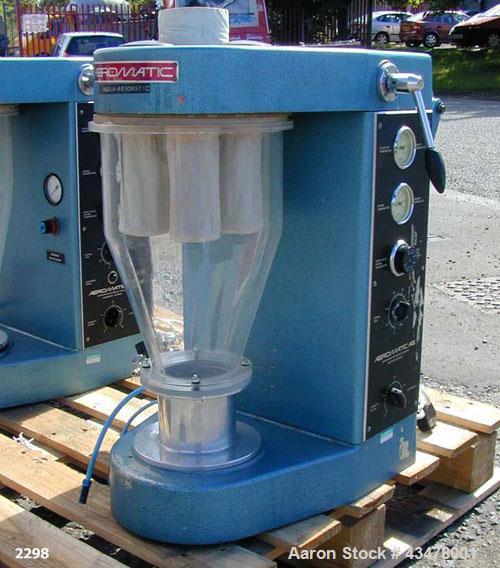Used Aeromatic Strea 1 Fluid Bed Dryer, Polycarbonate product cylinder, volume 3.17 gallon (12 litre), nominal batch capacity 2.2 lbs (1 kg), variable air flow up to 2 m3/minute, static pressure 5000...