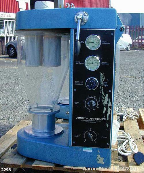 Used Aeromatic Strea 1 Fluid Bed Dryer, Polycarbonate product cylinder, volume 3.17 gallon (12 litre), nominal batch capacity 2.2 lbs (1 kg), variable air flow up to 2 m3/minute, static pressure 5000...