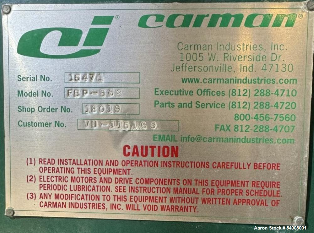 Used Carmen Model FBP-562 Vibratory Fluid Bed Dryer System – 45" x 17'6", Dual Zone, SS, w/ Crusher, Screener, Sifter & Heater