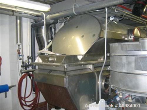Used Carrier Vibratory Fluid Bed Dryer. 16' x 28" fluidized bed, stainless steel construction, CIP spray ports with external headers, pneumatic discharge weir, 304 stainless steel supports, welded st...