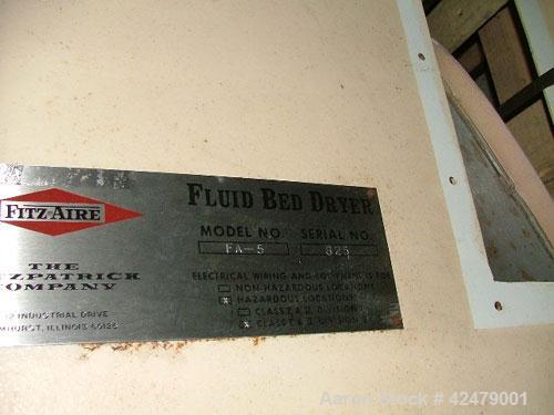 Used Fitzaire Fluid Bed Dryer, Model FA-5, Batch Dryer. Total container volume 4.966 cubic feet, carrier and container stainless steel, designed for hazardous locations Class 1 and II Division 2. Com...