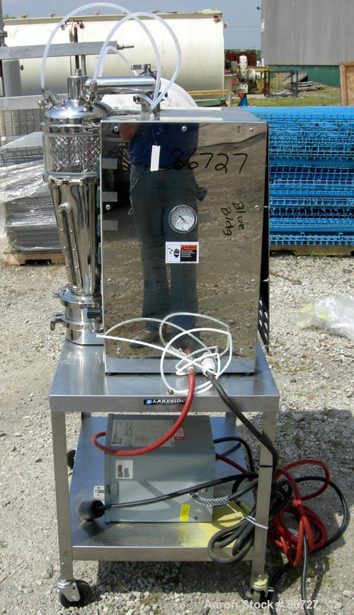 USED: Fluid Air lab size fluid bed system, model 2L, 304 stainless steel/glass contact areas. 2 liter bowl volume, max granulating capacity 2 liter, max coating capacity 1.8 liter. 1/60/208-240 volt,...