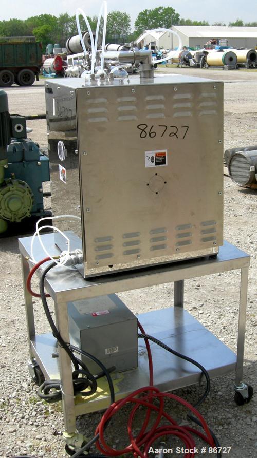 USED: Fluid Air lab size fluid bed system, model 2L, 304 stainless steel/glass contact areas. 2 liter bowl volume, max granulating capacity 2 liter, max coating capacity 1.8 liter. 1/60/208-240 volt,...