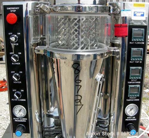 USED: Fluid Air lab size fluid bed system, model 2L, 304 stainless steel/glass contact areas. 2 liter bowl volume, max granulating capacity 2 liter, max coating capacity 1.8 liter. 1/60/208-240 volt,...