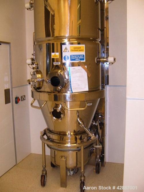 Used GEA Aeromatic-Fielder T/SG4 Fluid Bed Spray Dry Granulator, built in 1993. Batch size 220 lbs (100 kg). Through the wall GMP design, all stainless steel, 145 psi (10 bar) impulse pressure rating...