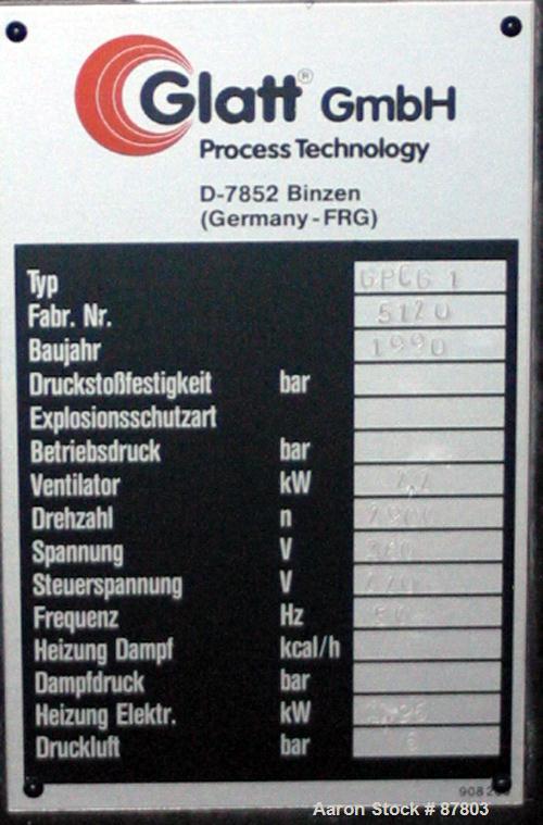 USED: Glatt lab size fluid bed drying system, type CPCG-1. Material of construction is polished stainless steel on product contact parts. Total capacity is 0.15 cubic feet (4.5 liter). Working capaci...