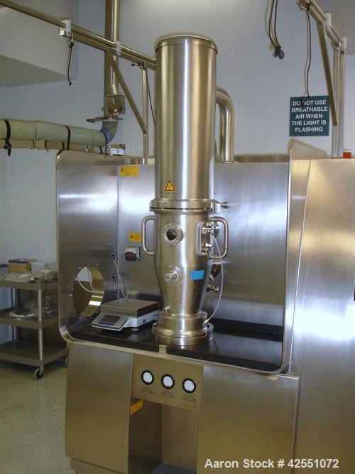 Used Glatt Fluid Bed Dryer, Model GPCG 2, Stainless Steel. 6.5 Bar internal shock rating, (2) spray granulation inserts, (1) Wurster insert, integrally mounted control panel with humidificatin cabine...