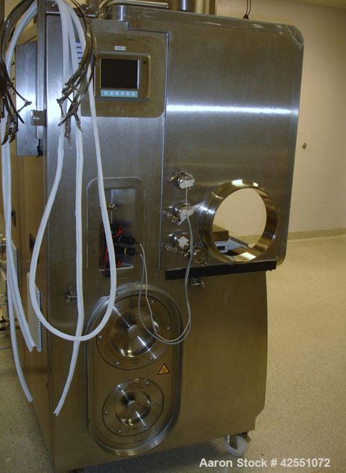 Used Glatt Fluid Bed Dryer, Model GPCG 2, Stainless Steel. 6.5 Bar internal shock rating, (2) spray granulation inserts, (1) Wurster insert, integrally mounted control panel with humidificatin cabine...