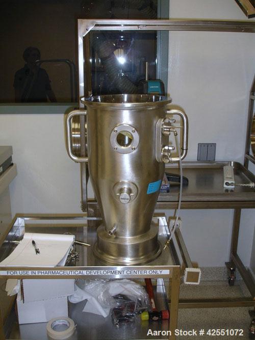 Used Glatt Fluid Bed Dryer, Model GPCG 2, Stainless Steel. 6.5 Bar internal shock rating, (2) spray granulation inserts, (1) Wurster insert, integrally mounted control panel with humidificatin cabine...