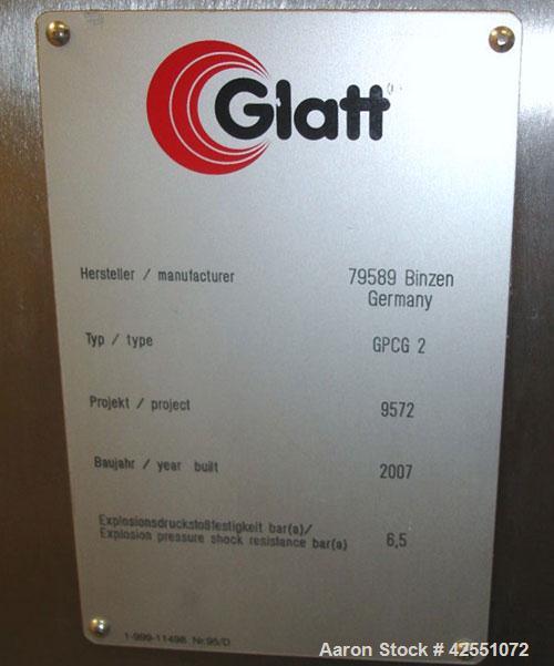 Used Glatt Fluid Bed Dryer, Model GPCG 2, Stainless Steel. 6.5 Bar internal shock rating, (2) spray granulation inserts, (1) Wurster insert, integrally mounted control panel with humidificatin cabine...