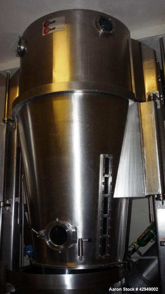 Used Glatt Fluid Bed Dryer, Model GPCG 60, Stainless Steel. Spray granulation chamber with 2 bowls, top vented, control panel. PRICE INCLUDES A 15% BUYERS PREMIUM. AS IS WHERE IS, LOADING & REMOVAL F...