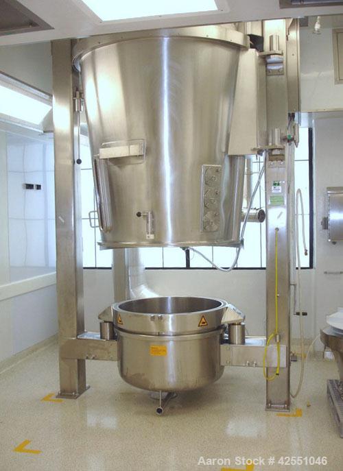 Used Glatt Fluid Bed Dryer, Model GPCG120, Stainless Steel. 2 Bar internal shock rating, spray granulation insert with (3) bowls and (2) bowl carts with top spray gun, Wurster insert with expansion c...