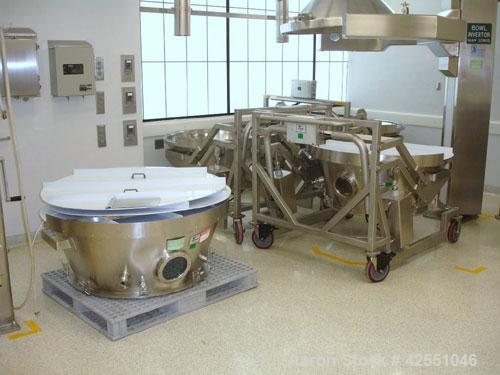 Used Glatt Fluid Bed Dryer, Model GPCG120, Stainless Steel. 2 Bar internal shock rating, spray granulation insert with (3) bowls and (2) bowl carts with top spray gun, Wurster insert with expansion c...
