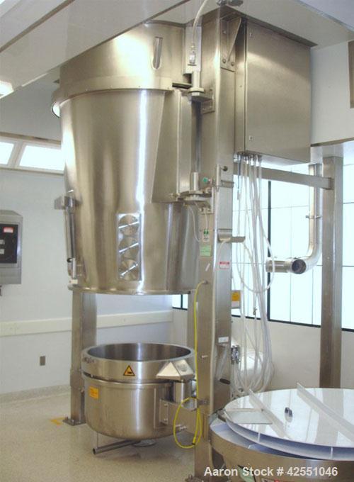 Used Glatt Fluid Bed Dryer, Model GPCG120, Stainless Steel. 2 Bar internal shock rating, spray granulation insert with (3) bowls and (2) bowl carts with top spray gun, Wurster insert with expansion c...