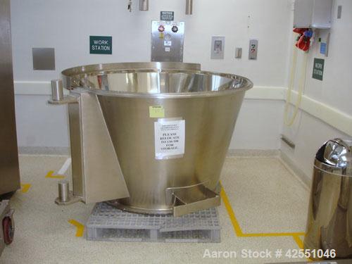Used Glatt Fluid Bed Dryer, Model GPCG120, Stainless Steel. 2 Bar internal shock rating, spray granulation insert with (3) bowls and (2) bowl carts with top spray gun, Wurster insert with expansion c...
