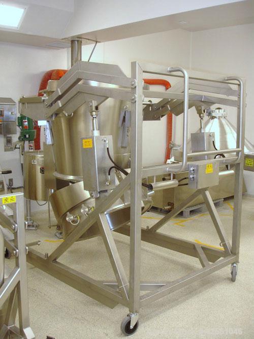 Used Glatt Fluid Bed Dryer, Model GPCG120, Stainless Steel. 2 Bar internal shock rating, spray granulation insert with (3) bowls and (2) bowl carts with top spray gun, Wurster insert with expansion c...