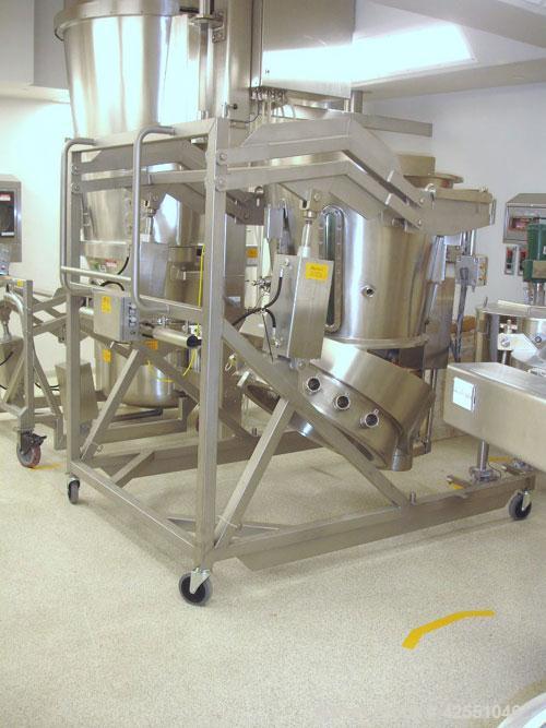 Used Glatt Fluid Bed Dryer, Model GPCG120, Stainless Steel. 2 Bar internal shock rating, spray granulation insert with (3) bowls and (2) bowl carts with top spray gun, Wurster insert with expansion c...