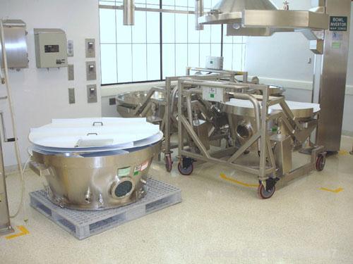Used Glatt Fluid Bed Dryer, Model GPCG120, Stainless Steel. 2 Bar internal shock rating, spray granulation insert with (2) bowls and (2) bowl carts, Glatt controls and Creative Design bowl inverter, ...