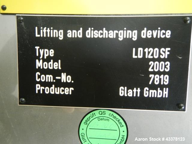 Used Glatt LD 120 SF Bowl Inverter. Stainless steel construction designed to lift and invert 120 liter Glatt fluid bed dryer bowls.  Unit includes bowl clamp and funnel, post mount with operator inte...