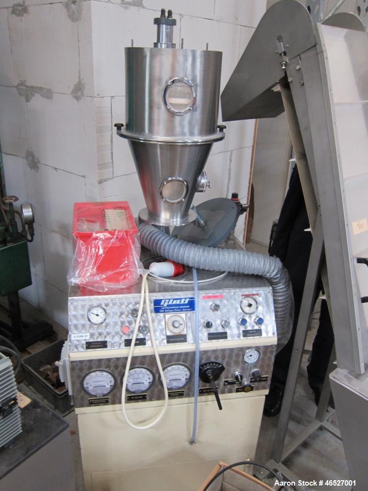 Used Glatt Uni-Glatt Laboratory Fluid Bed Dryer. Stainless Steel construction on product contact areas. Approximately rated 0.5 to 3Kg. capacity. 1.1 kw Fan, 4.4 kw electric heater. Includes control ...