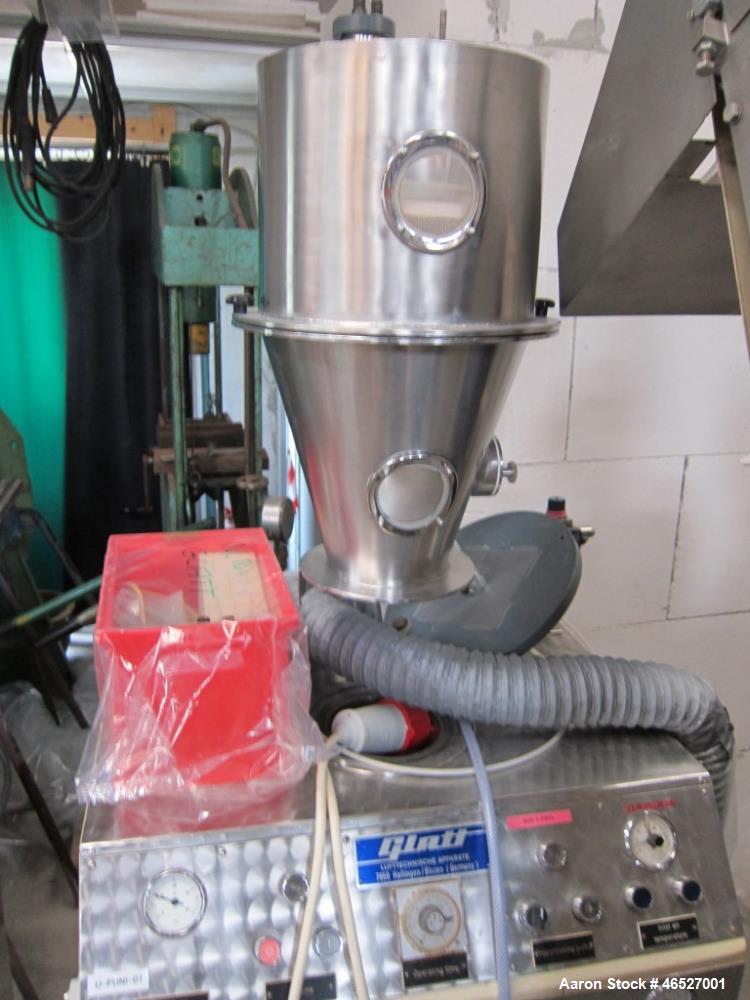 Used Glatt Uni-Glatt Laboratory Fluid Bed Dryer. Stainless Steel construction on product contact areas. Approximately rated 0.5 to 3Kg. capacity. 1.1 kw Fan, 4.4 kw electric heater. Includes control ...
