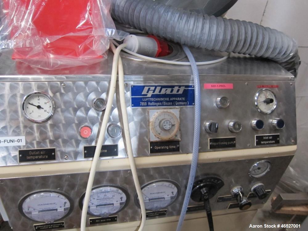 Used Glatt Uni-Glatt Laboratory Fluid Bed Dryer. Stainless Steel construction on product contact areas. Approximately rated 0.5 to 3Kg. capacity. 1.1 kw Fan, 4.4 kw electric heater. Includes control ...